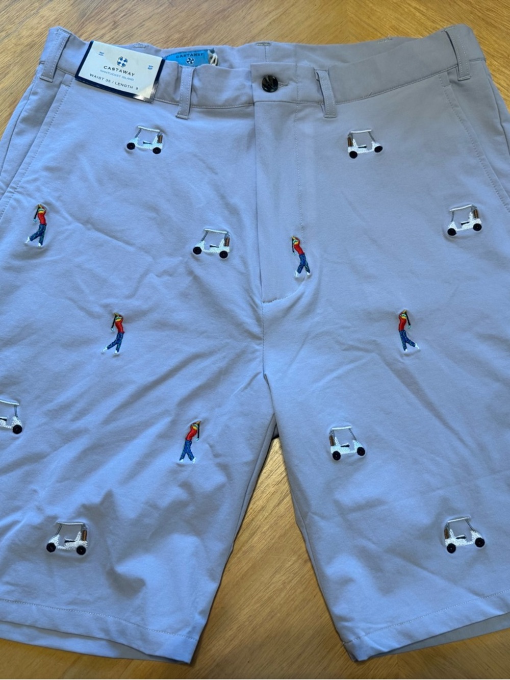 Castaway Nantucket Island Cart & Golfer Stone NWT embroidered shorts 35”